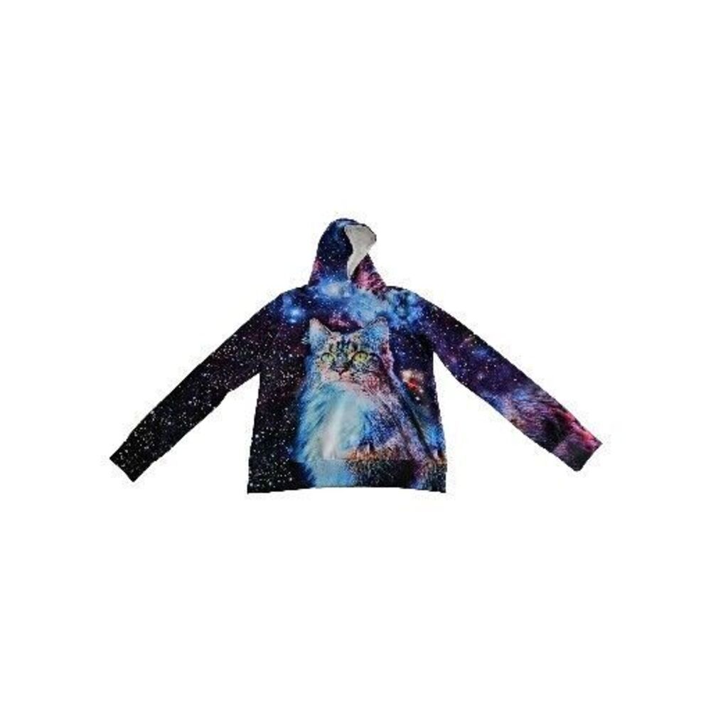 Newcosplay Black Blue Graphic CAT Pullover Hoodie Size L